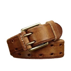 vintage men's italian full grain leather belt holes free with double pins buckle 4.0cm