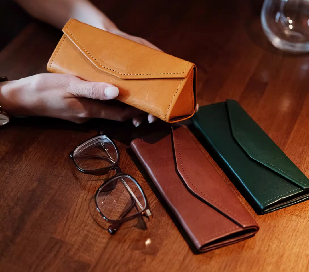 triangle italian leather eyeglass case foldable magnetic closure protection for optical glasses & sunglasses